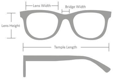 Diagram of lens width, lens height, bridge width, and temple length